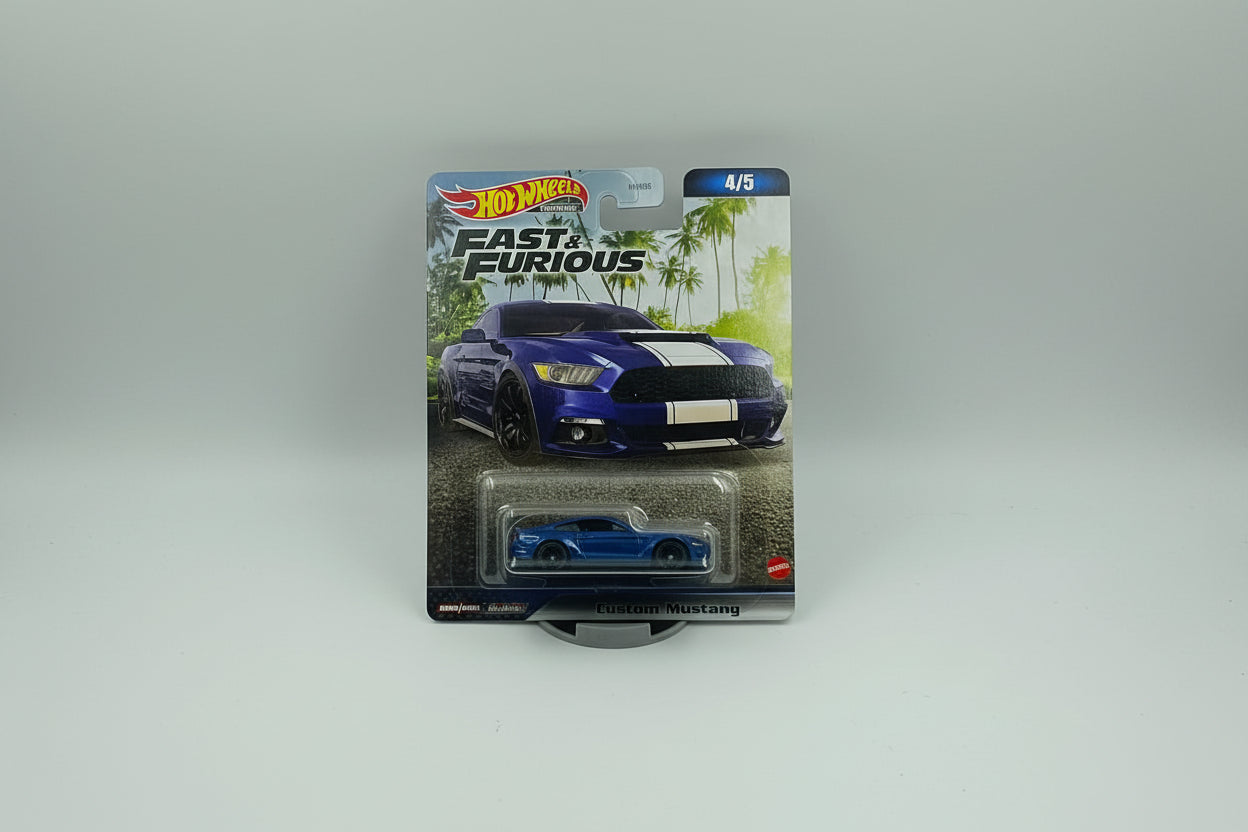 Hot Wheels Premium Fast & Furious Custom Mustang (Blue with White Stripes) – 1:64 Scale Die-Cast Collector Car