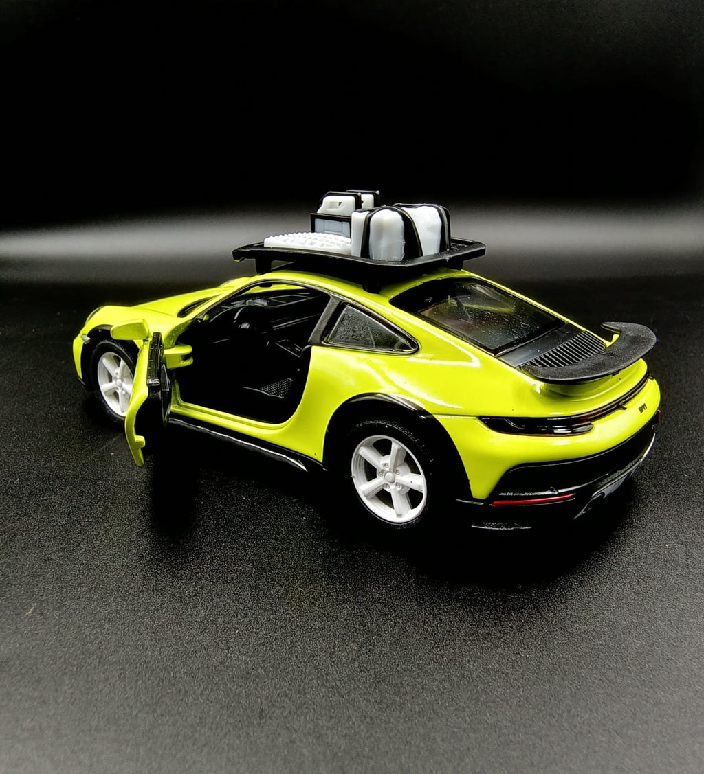 Kinsmart 1:36 Porsche 911 Dakar Rallye Diecast Model Car with Roof Rack - Lime Yellow